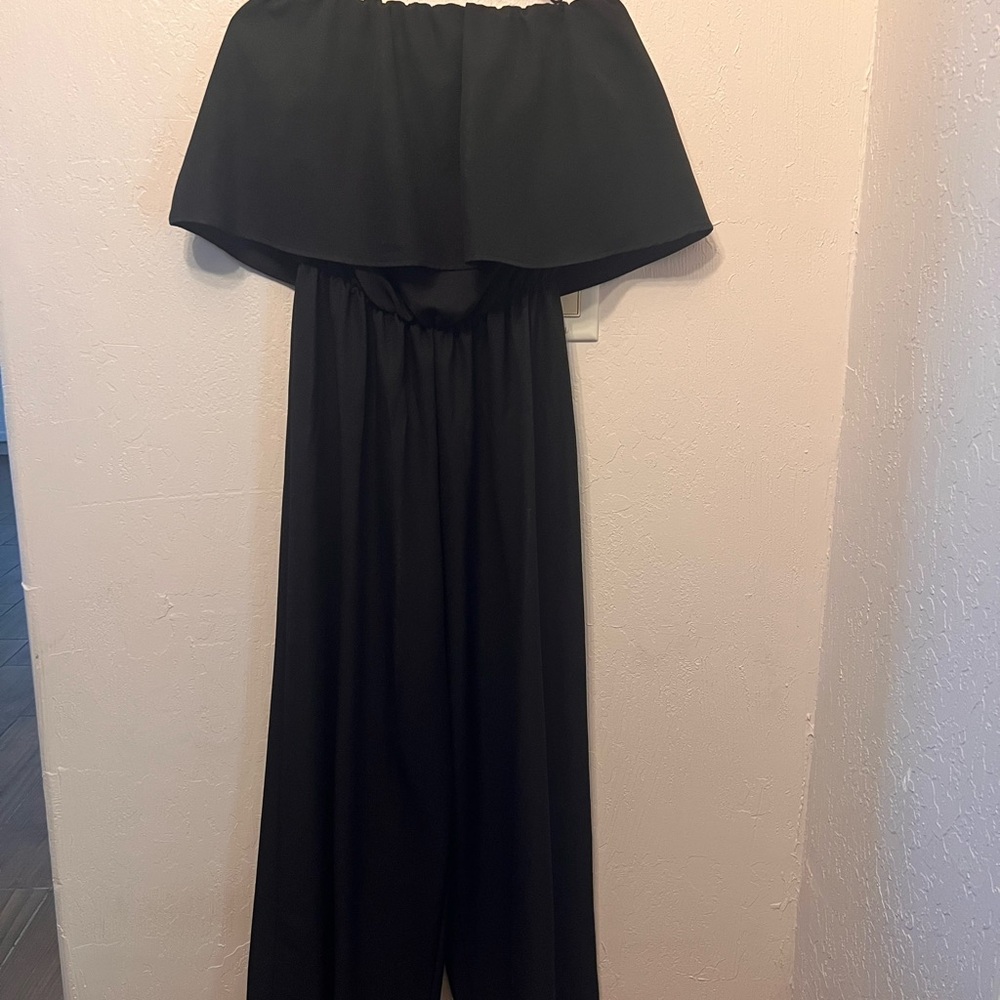 Black Off-Shoulder Jumpsuit with Ruffled Overlay